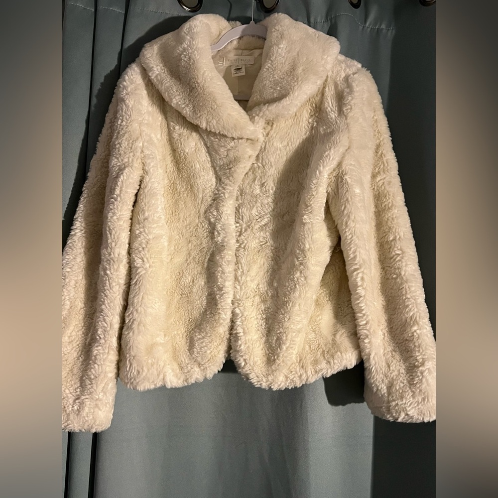 White House Black Market Ivory Cream Faux Fur Coat Jacket M